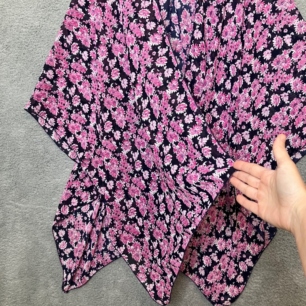 Nymphe Anthropologie Women OS Floral Kimono Wrap Navy Pink Daisy Sheer Cover Up - Picture 6 of 6